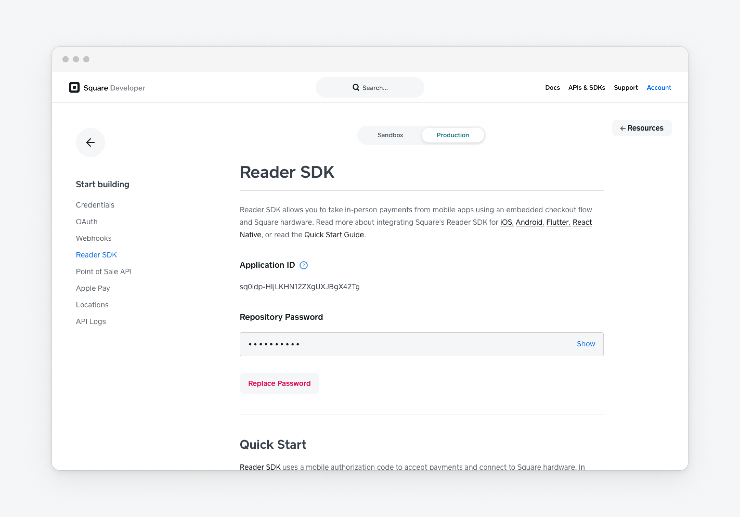 A graphic showing the Reader SDK page in the Developer Console with the generated Reader SDK repository password.