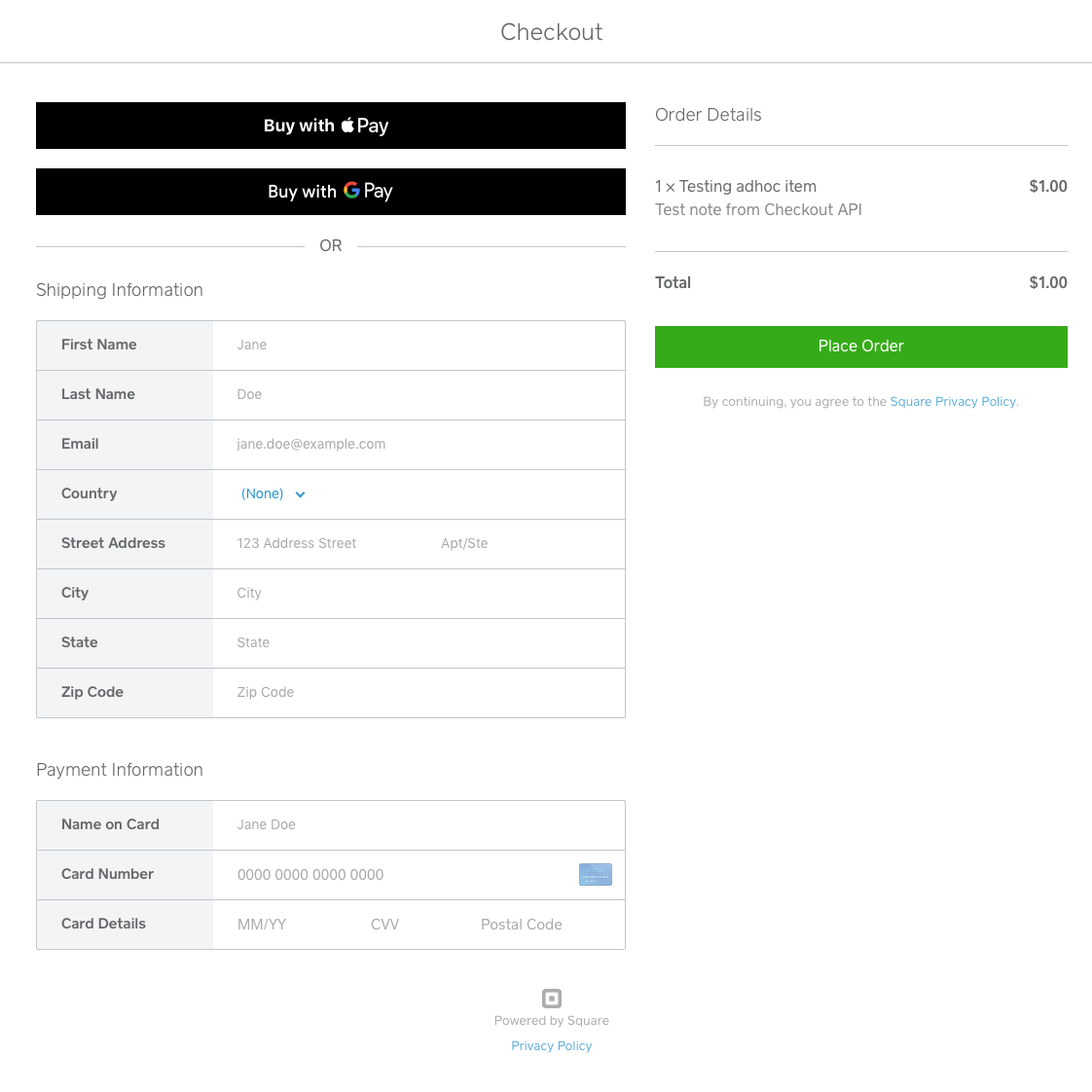 A graphic showing the Checkout API checkout page, with purchase itemization and Apple Pay and Google Pay as payment options.
