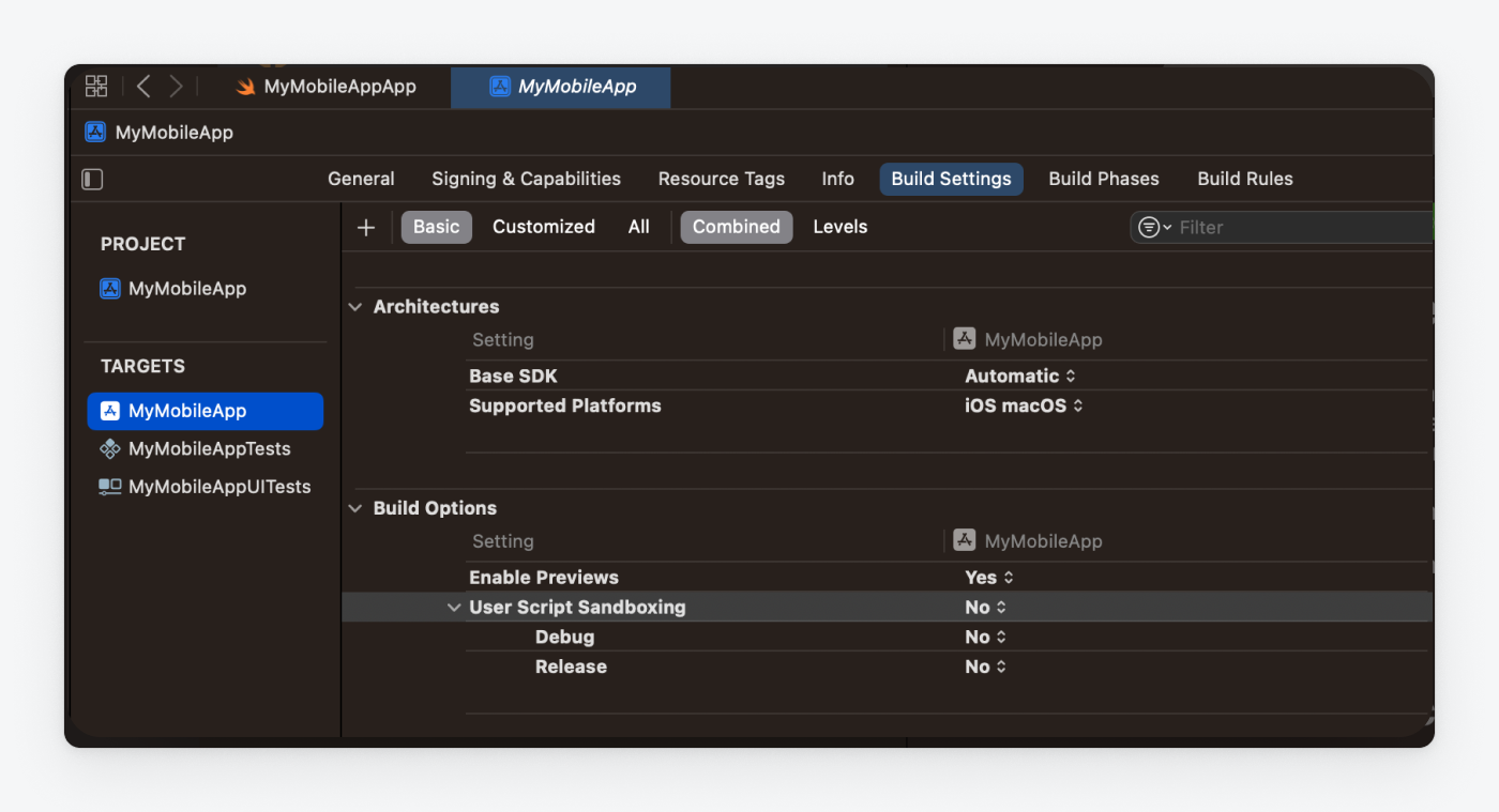 An Xcode screenshot showing the Build Options for a mobile application: the "User Script Sandboxing" option is set to "No".