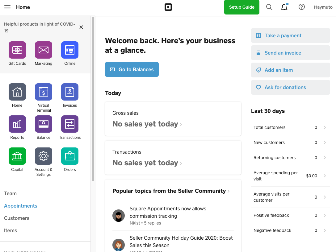 A screenshot showing the Appointments start page of the Square Seller Dashboard in the production environment.
