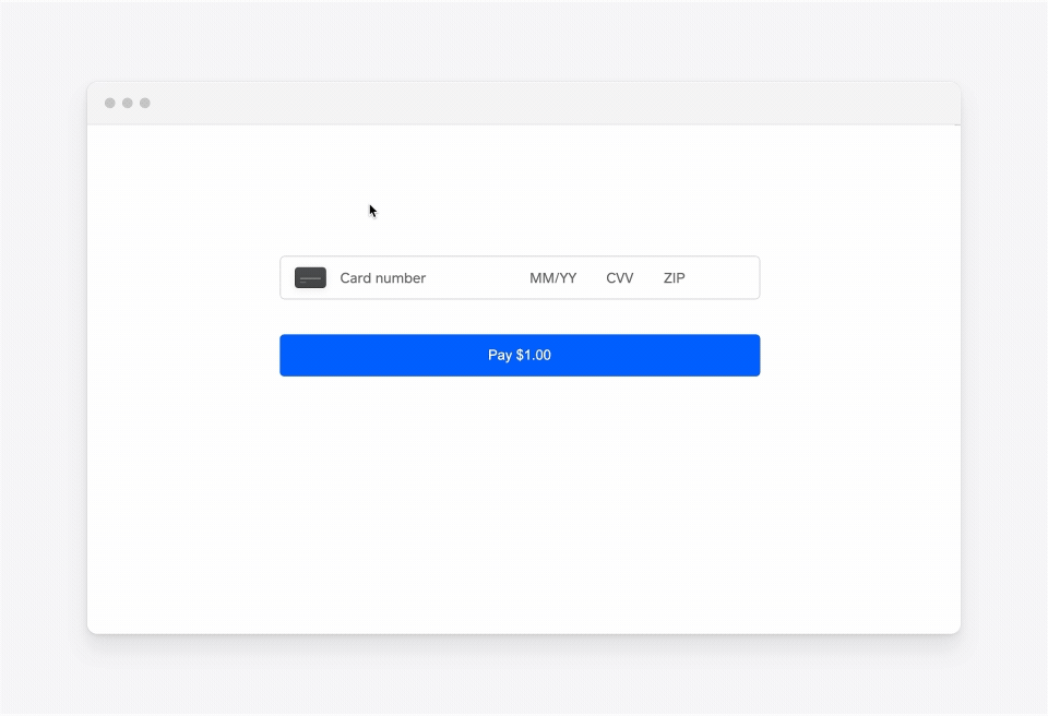 An animation showing the behavior of the card entry payment method for the Web Payments SDK as credit card information is being added and the Pay $1.00 button is being selected.