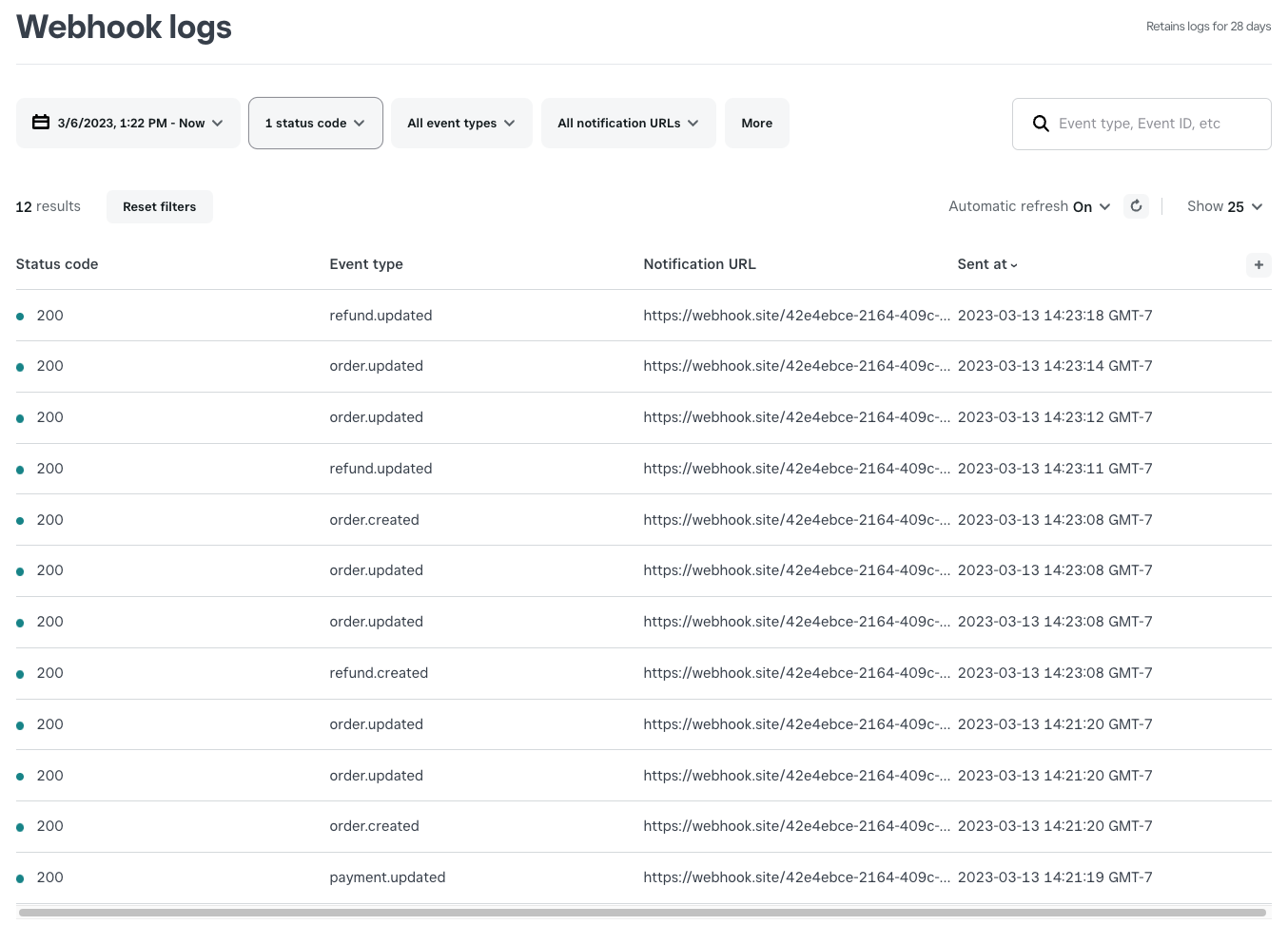 An image of the Square Developer Dashboard webhook log showing payment and refund webhook events.