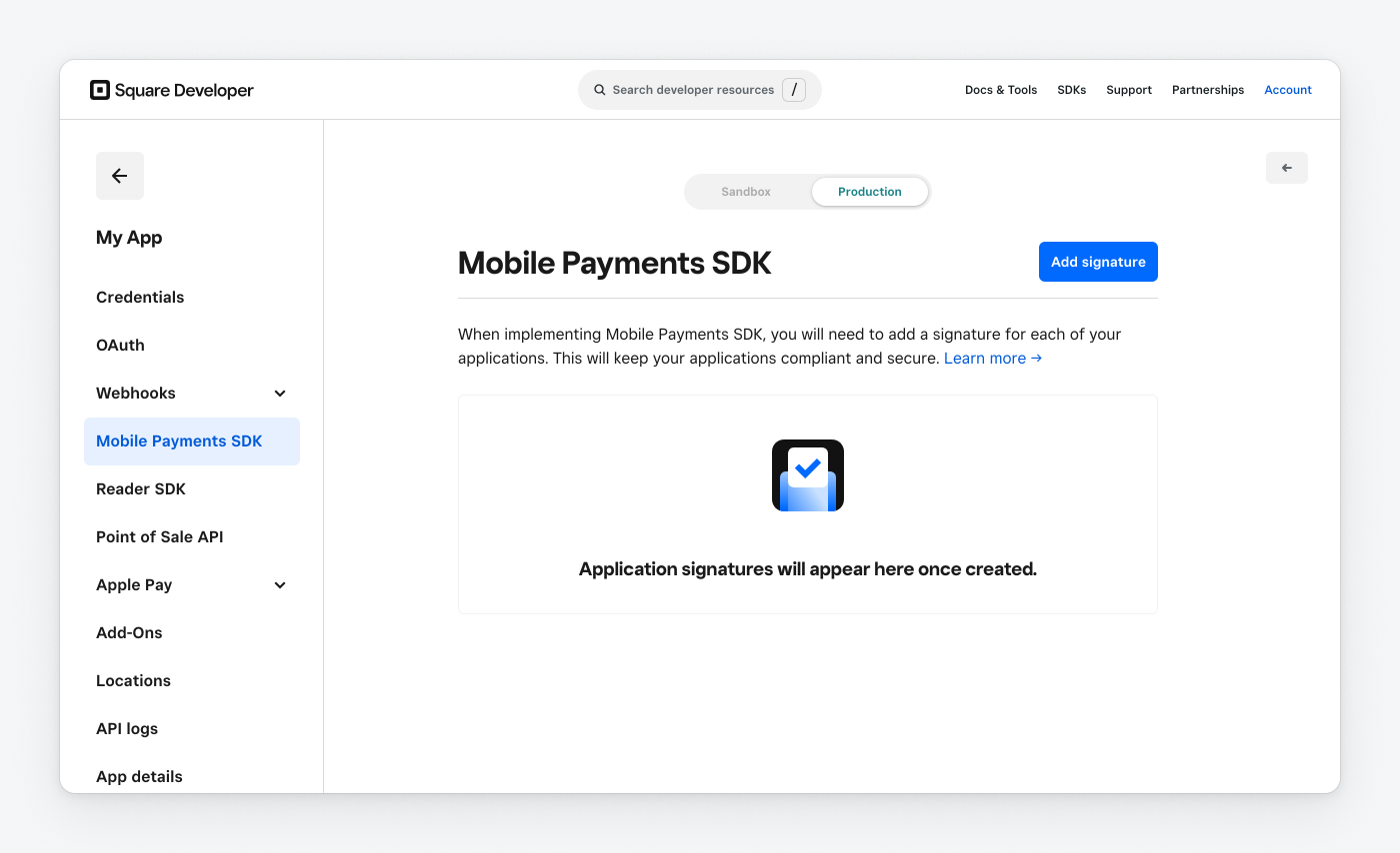 The Mobile Payments SDK page on the Developer Console, which prompts users to create application signatures.