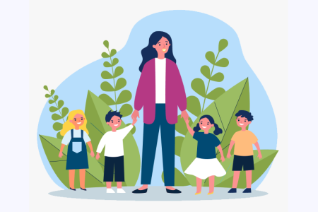 Illustration of childcare worker walking with kids.