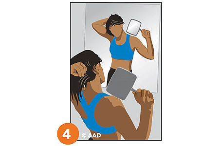 Illustration of a person holding a hand mirror examining their neck and scalp for signs of skin cancer