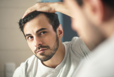 man examining hairline in mirror