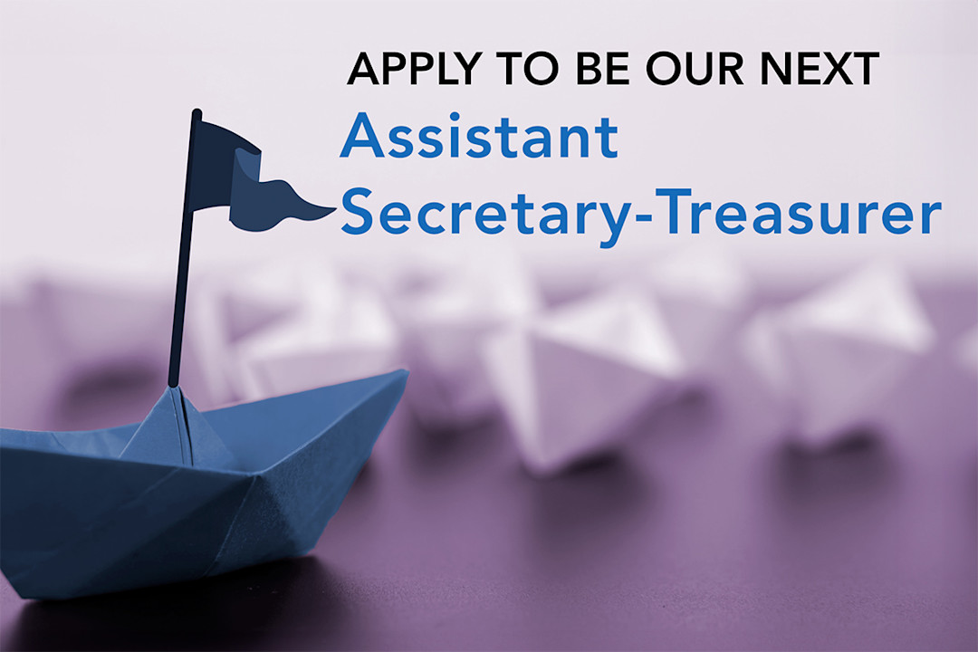 Paper boats crossing the water, next to text that says Apply to be our next Assistant Secretary-Treasurer.