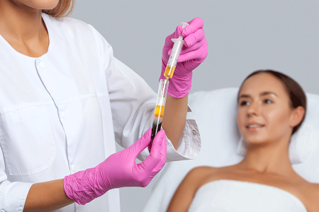 Dermatologist prepares platelet-rich plasma therapy on the face of a woman
