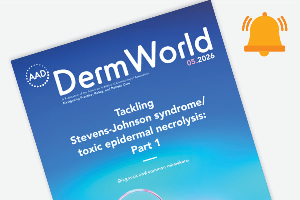 DermWorld May 2026 cover, showing a headline for tackling Stevens-Johnson syndrome/toxic epidermal necrolysis: part 1.