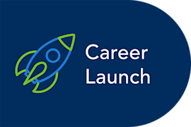Icon of a green and blue rocket outline to signify AAD Career Launch | American Academy of Dermatology (AAD).