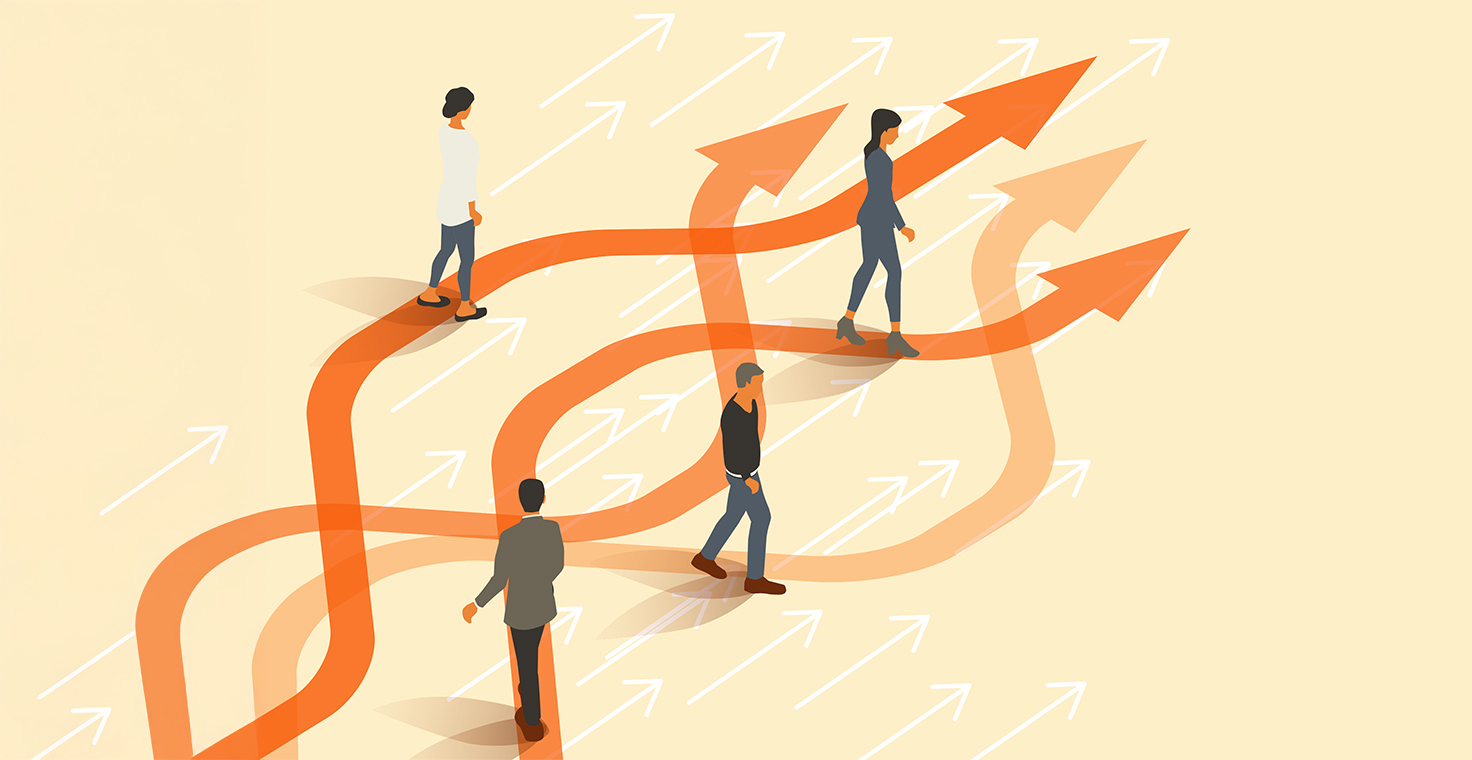 Go your own way feature banner for DermWorld, an illustration showing physicians choosing different career and practice paths