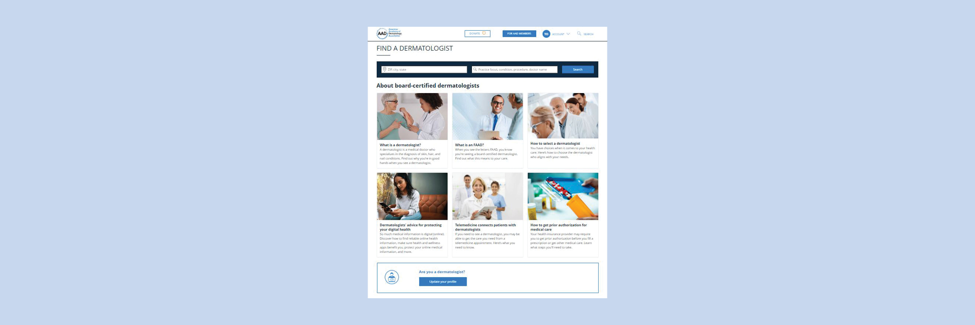 Banner illustration for Impact Report on Find a Dermatologist portal redesigned