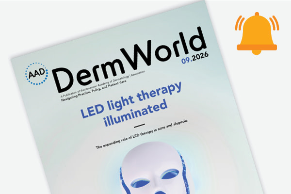 DermWorld September 2026, with a feature on LED light therapy illuminated. 