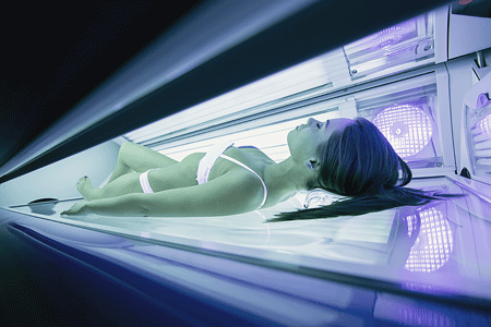 Woman lying in tanning bed, which increases her risk of developing basal cell carcinoma