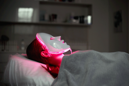 Woman using red-light mask while lying down