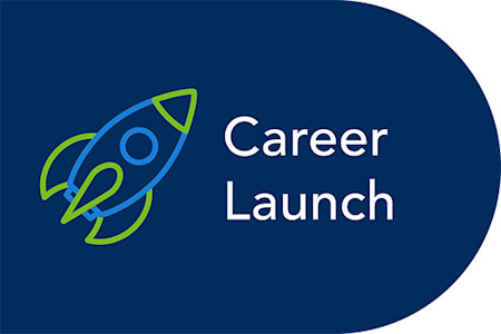 Line drawing of a rocket in blue and green to symbolize AAD Career Launch resources for young physician dermatologists.