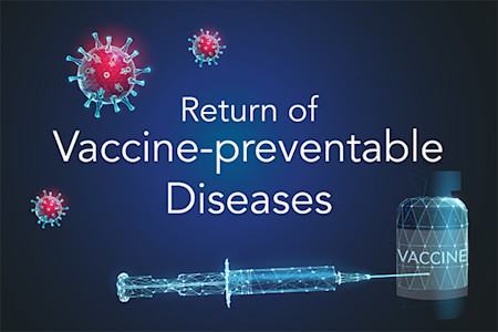 Blue banner showing microbes with text reading Return of Vaccine-preventable Diseases.