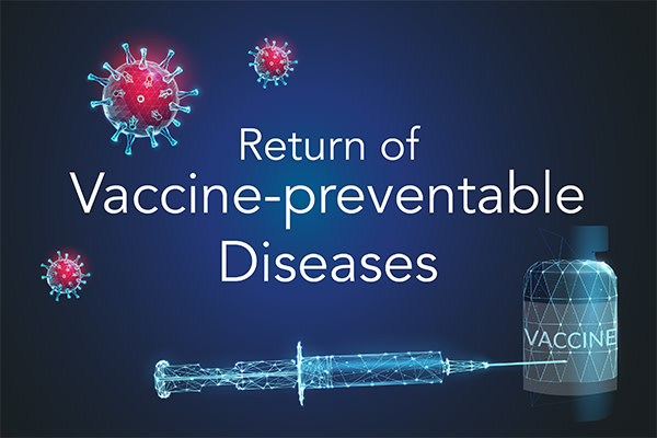 Blue banner showing microbes with text reading Return of Vaccine-preventable Diseases.