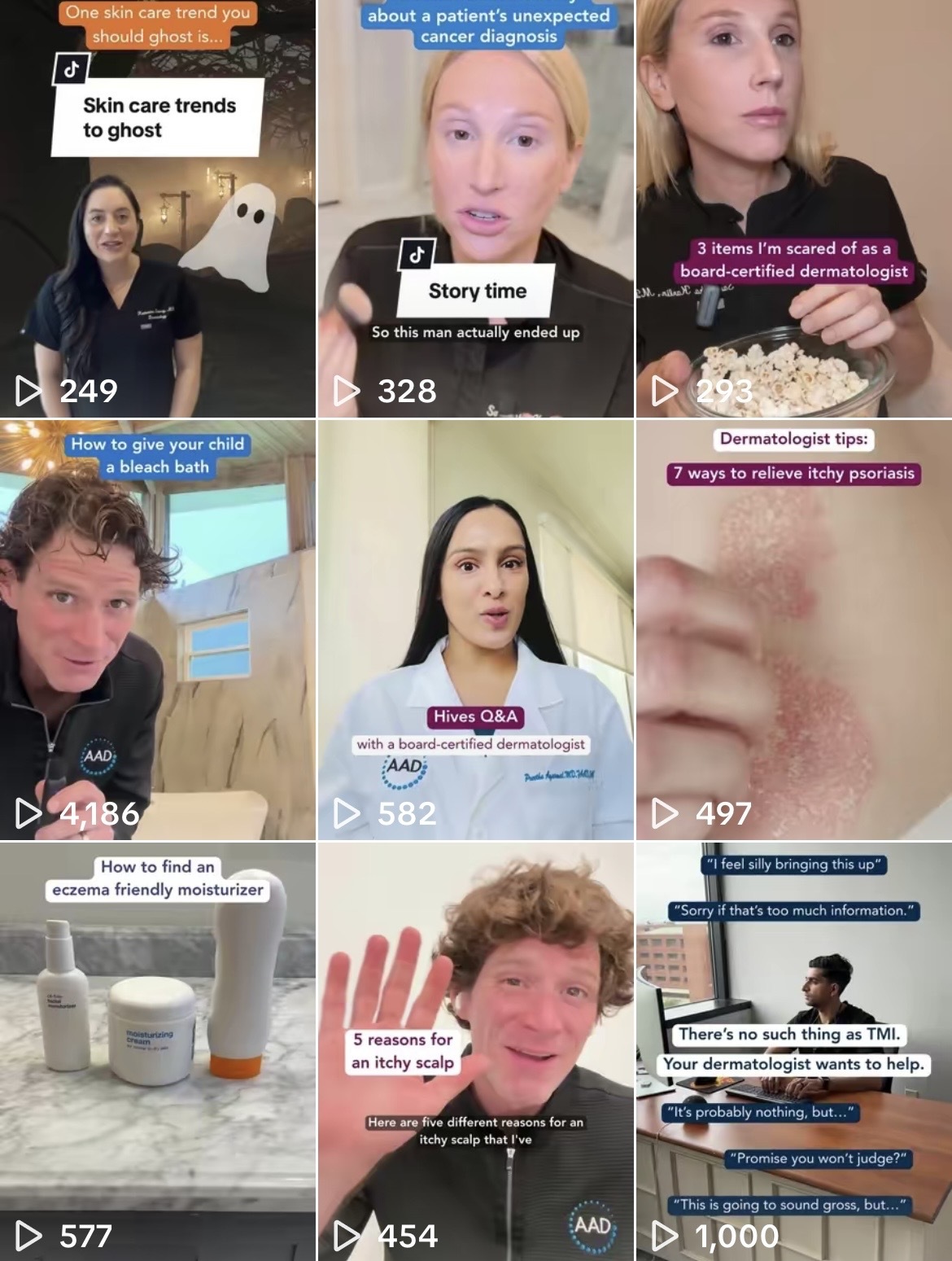 A collage of TikTok videos from Your Dermatologist Knows October 2025 | American Academy of Dermatology (AAD).