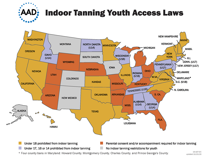 United States indoor tanning map, states with indoor tanning youth access laws