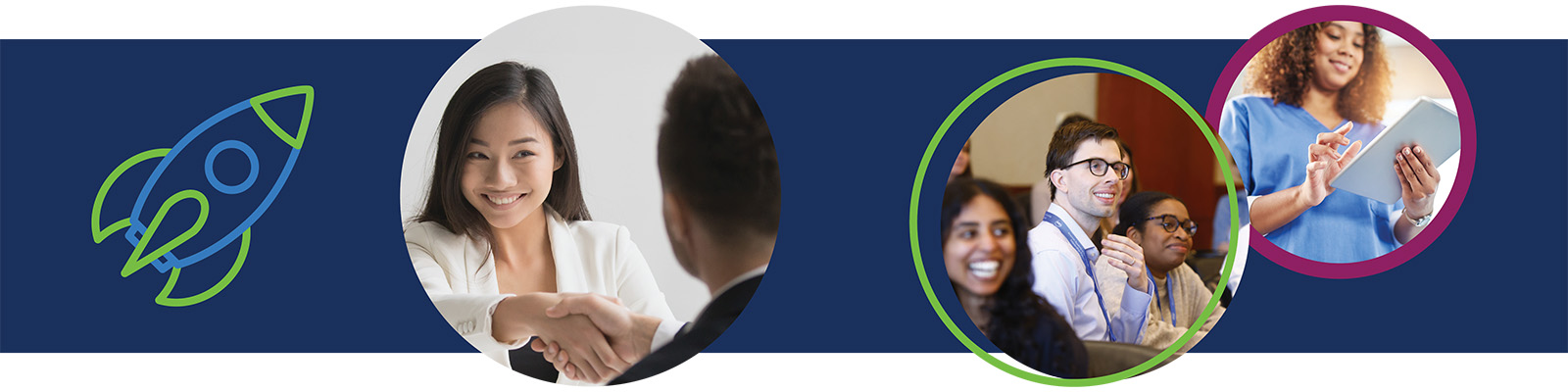 This banner for Career Launch shows three circular images of early-career dermatologists, focusing on two women and a man, and includes a line-drawing of an ascending rocket | American Academy of Dermatology (AAD).