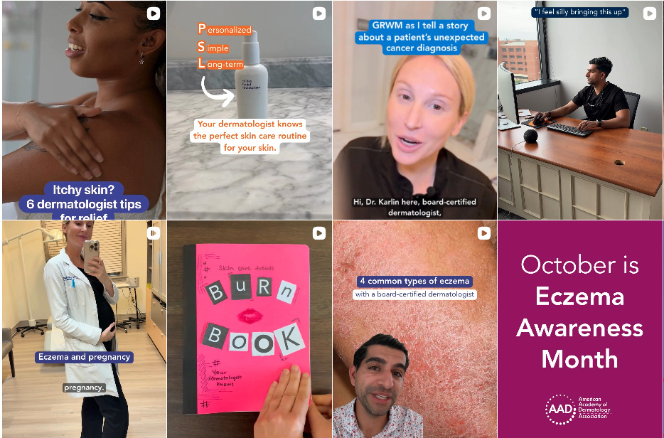 A collage of Instagram videos from Your Dermatologist Knows October 2025 | American Academy of Dermatology (AAD).