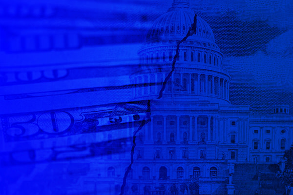 Image of the U.S. Capitol saturated in blue with a crack down the middle, with currency coming in from the left. This image is intended to illustrate the 2025 government shutdown. 