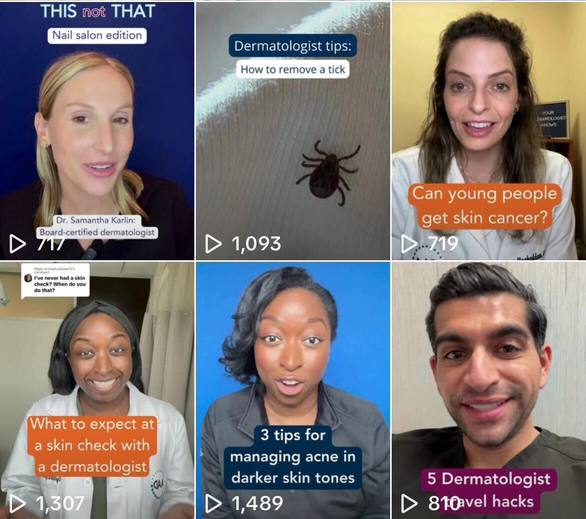 Image of social media posts to TikTok for Your Dermatology Knows July 2024