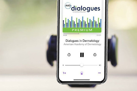 Dialogues in Dermatology podcast playing on a mobile phone