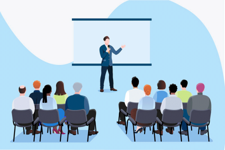 Illustration of a presentation with presenter and audience