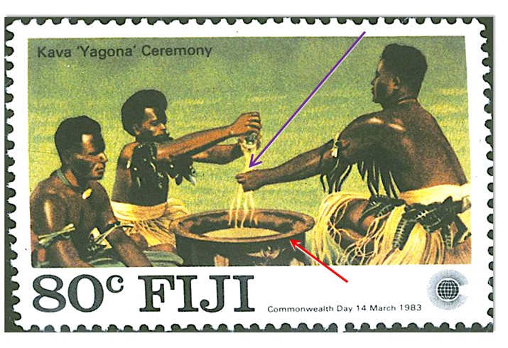 This image shows a stamp of a modern-day kava ceremony. The stamp was issued by Fiji's government to honor Commemoration Day (1983), showing the arrangements and actions of a modern-day formal ceremony.
