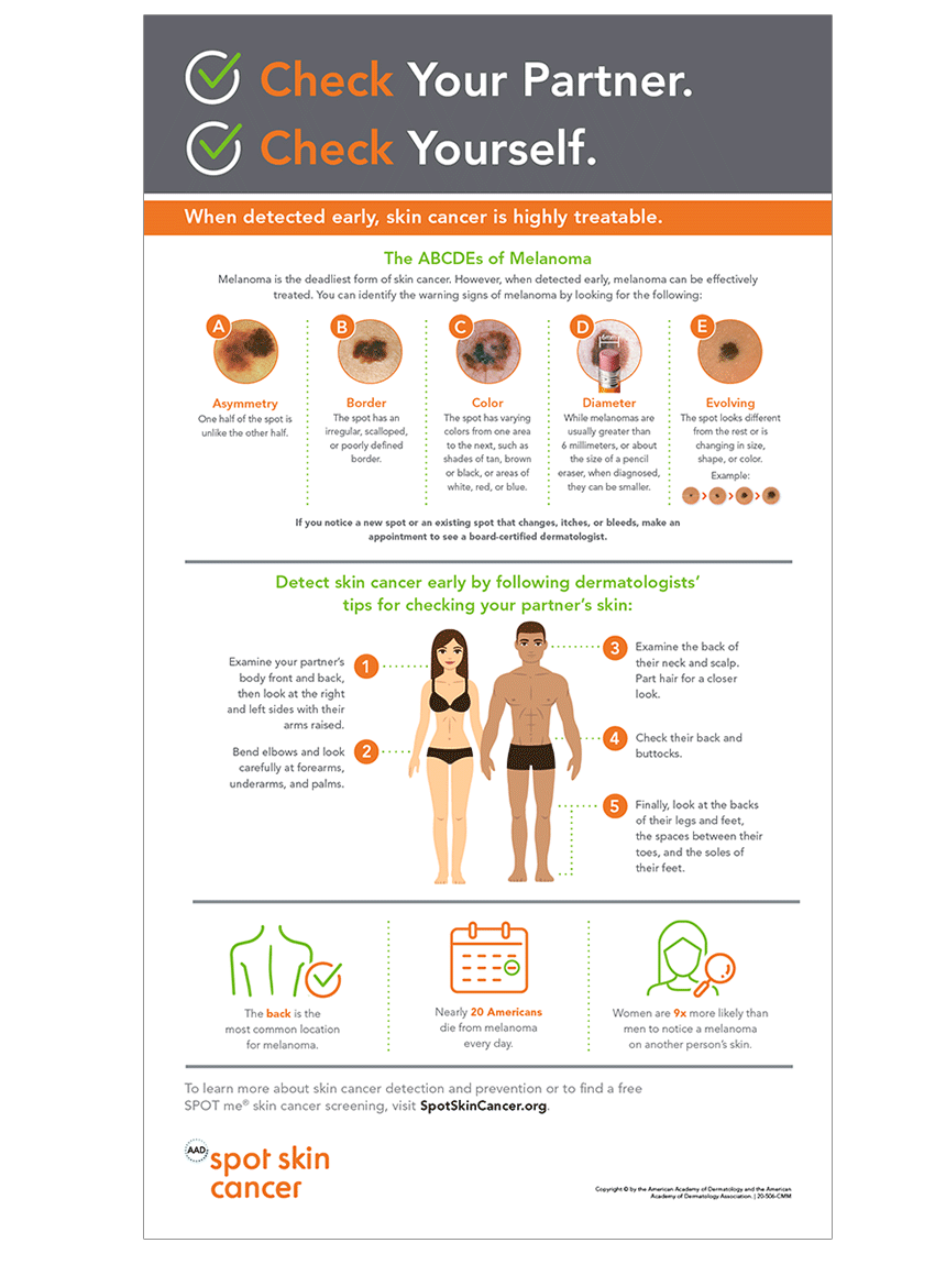 The American Academy of Dermatology recommends that everyone check their skin and their partner's skin regularly for any new or suspicious spots. This infographic explains how to perform a skin exam from head to toe and what signs to look for on the skin.