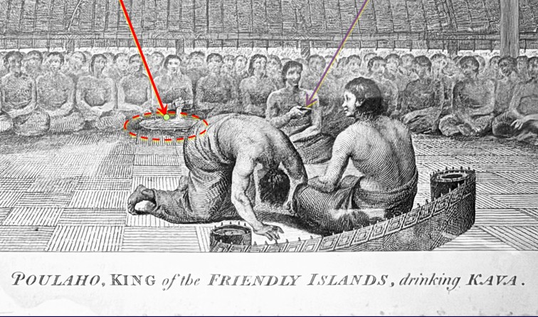 Poulaho, King of the Friendly Islands drinking Kava. Tongatapu, Kingdom of Tonga (Friendly Islands). This is a close-up photograph of Dr. Norton’s framed and mounted original bookplate from Cook’s third voyage. 