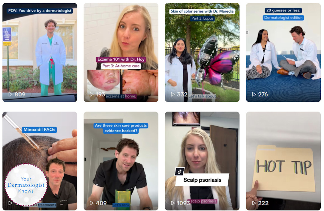 Grid of eight TikTok video thumbnails showing dermatologists in white coats and scrubs teaching the public. Titles include Eczema 101, Skin of color series on lupus, Minoxidil FAQs, and Scalp psoriasis.