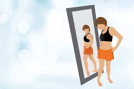 Illustration of woman checking skin for skin cancer in mirror.