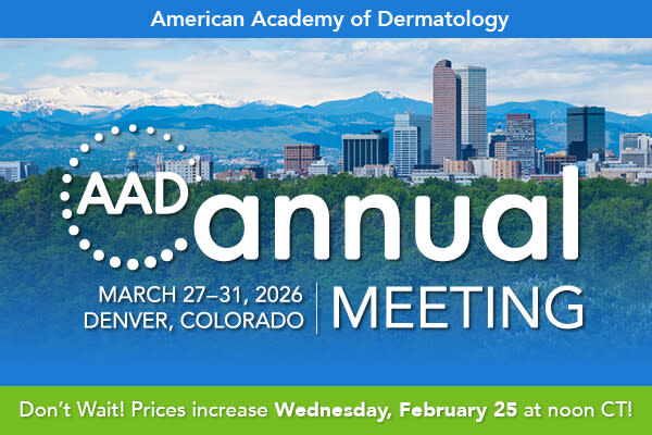 Early bird registration for 2026 AAD Annual Meeting, showing the skyline of Denver Colorado | American Academy of Dermatology (AAD).