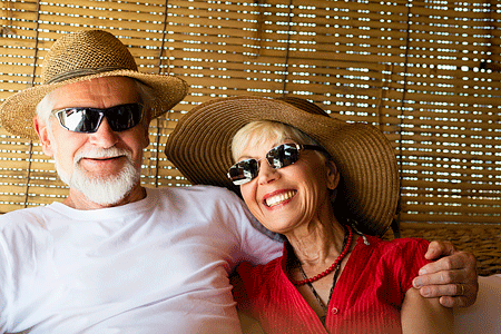 Smiling couple wearing wide-brimmed hats and sunglasses