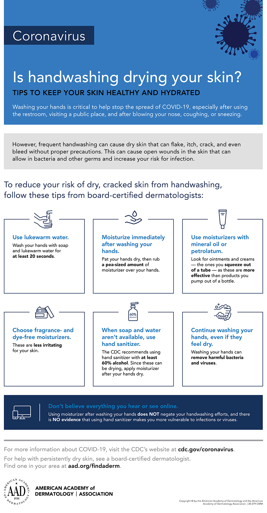 Infographic providing tips to help keep your skin healthy and hydrated during the frequent COVID-19 (Coronavirus) handwashing.