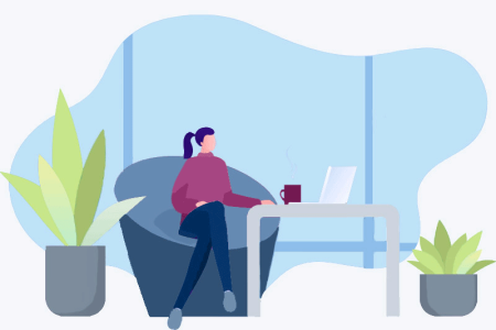 Illustration of woman lounging while viewing laptop and drinking a beverage