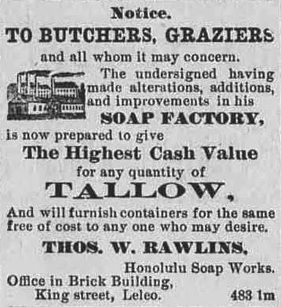 An ad for beef tallow that ran in the Daily Bulletin, November 28, 1883
