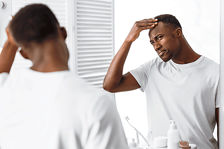 Man looking in mirror for early signs of hair loss