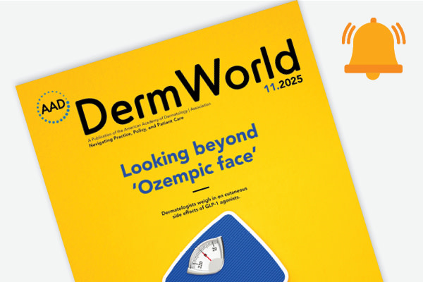 DermWorld cover for November 2025, showing a blue scale against a yellow background | American Academy of Dermatology (AAD).