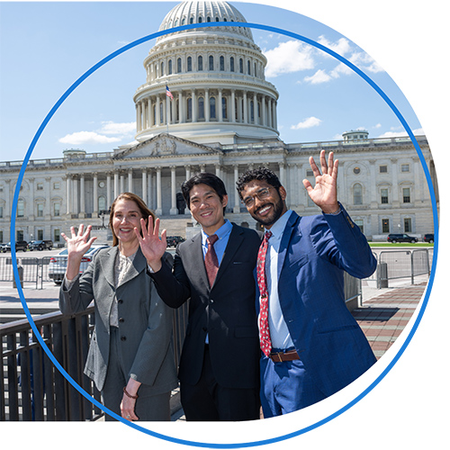 Three young physician dermatologists stand before the Capitol in ongoing efforts to fight for the specialty | American Academy of Dermatology (AAD).