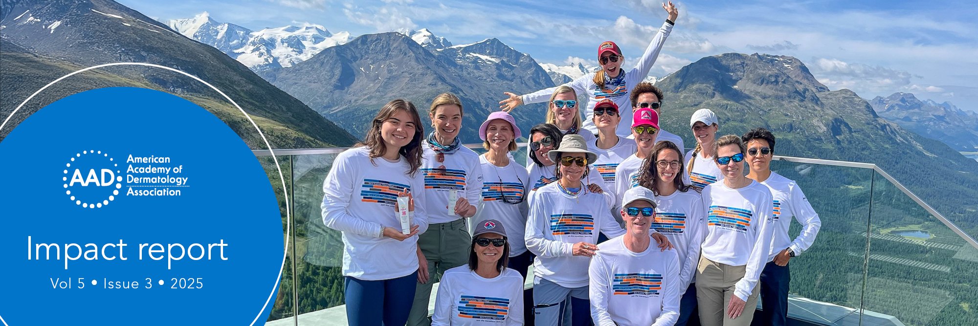 Image of diverse dermatologists standing in front of a mountain scene after completing a hike for Impact Report, Issue 3 2025 | American Academy of Dermatology (AAD)
