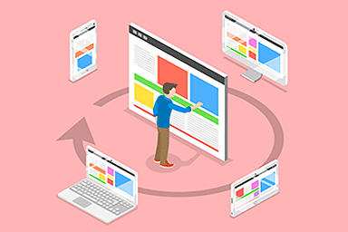 Illustration of a man pushing an advertisement on the web page and gets the same advertising banner on all types of devices for internet access.