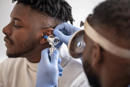 Doctor examining patient with vitiligo for hearing loss