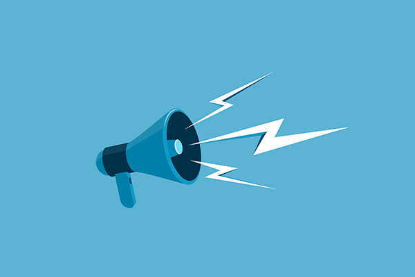 Image of a megaphone on a blue background intended to represent dermatologists' fight for Medicare physician payment reform.