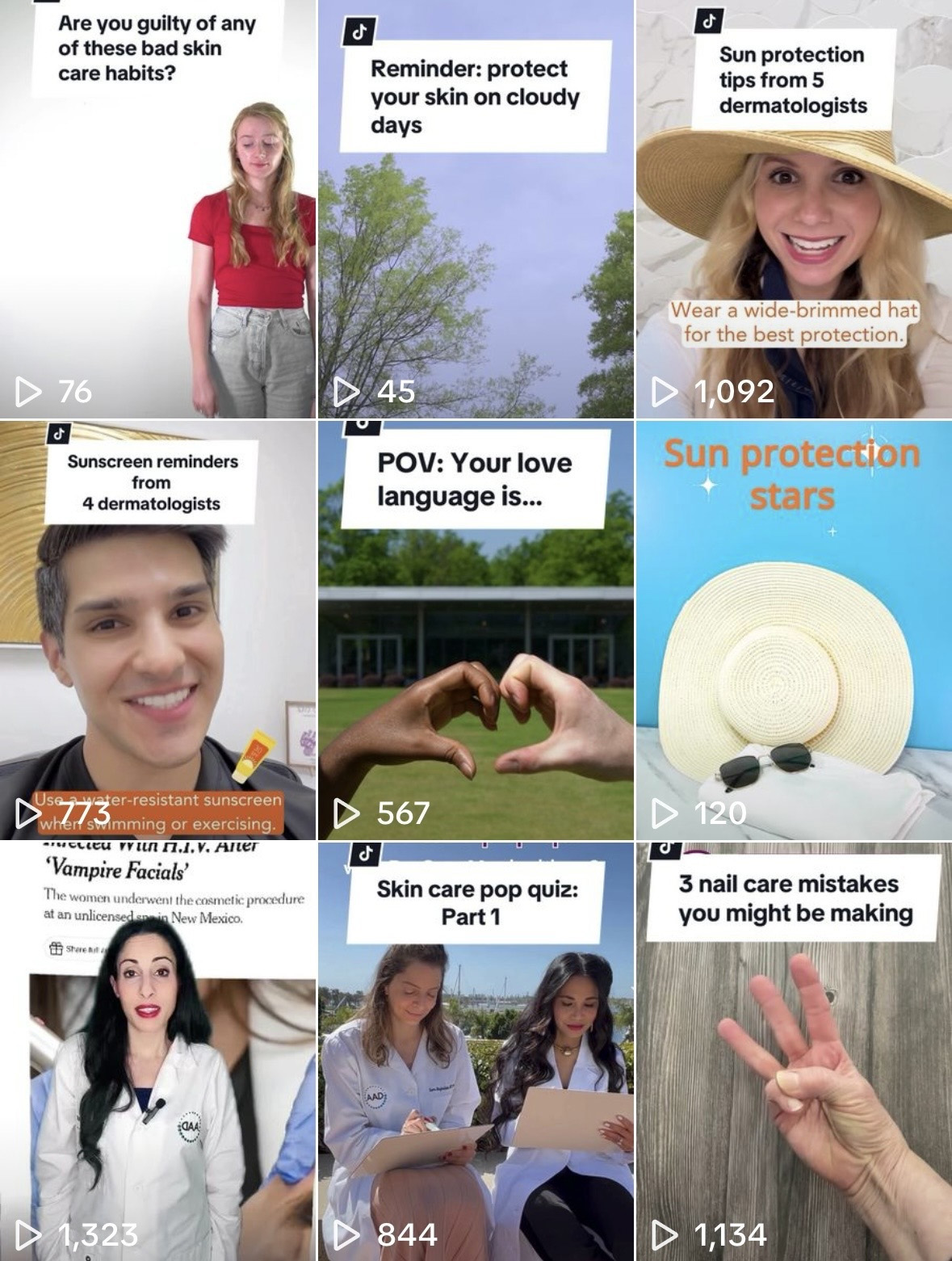 Collection of TikTok social media posts for Your Dermatologist Knows May 2024