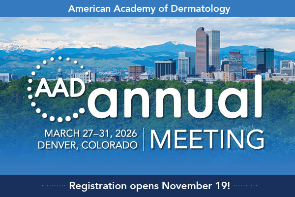 Image of the Denver skyline with the AAD logo and text for the AAD Annual Meeting 2026, March 27-31, in Denver Colorado, registration opens November 19 | American Academy of Dermatology (AAD). 