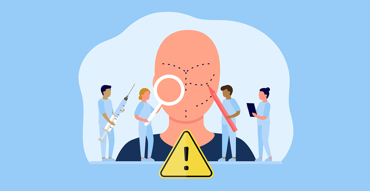 Cosmetic complications features banner for DermWorld, a face with little figures holding a magnifying glass, a pencil, a syringe